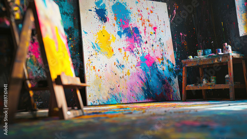 A vibrant artist’s studio with colorful paint splatters, expressive canvases, and a creatively chaotic atmosphere—ideal for artistic lifestyle, inspiration, and design-related projects.