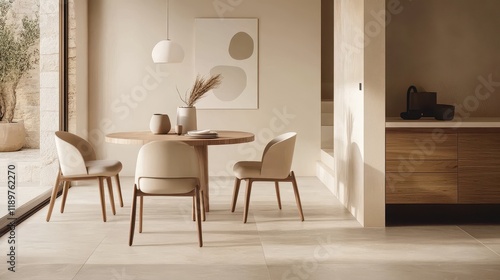 A beige home living room featuring an eating table with chairs, a drawer, and a window that provides natural light. photo