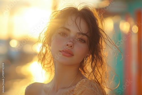 Happy young Latin woman laughing with curly hair enjoying sunset on house patio photo