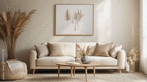 A beige living room interior featuring comfortable seats, a round table, and a mockup frame on the wall.