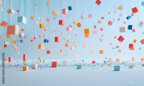 Colorful cubes falling and scattered on a light blue background.