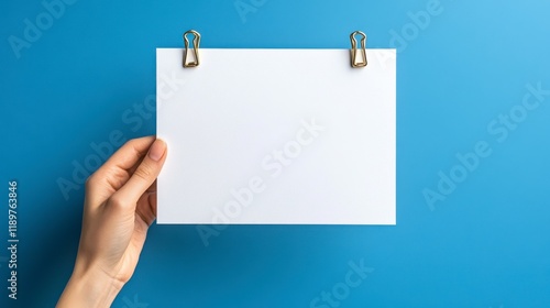 Wallpaper Mural Blank Paper Held by Hand with Clips Against Blue Background Torontodigital.ca