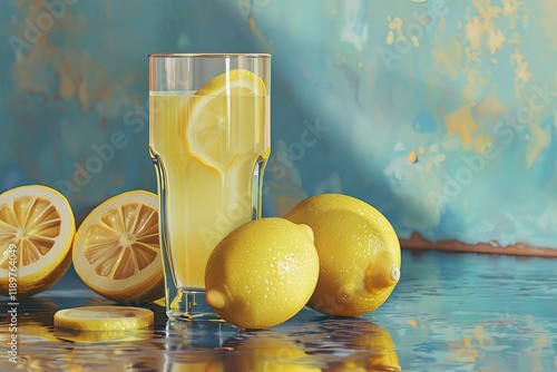 Vibrant Color Image of a Glass of Lemon Juice and Lemons on a Table photo