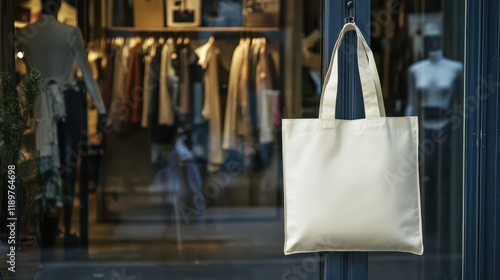 A blank tote bag is prominently displayed in front of a boutique, with clothing and mannequins visible through the window. photo