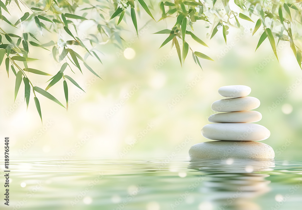 Beautiful green nature background for spa accented by solar lighting, with balanced stones and bamboo Beautiful green nature background for spa accented by solar lighting, with balanced stones and bamboo
