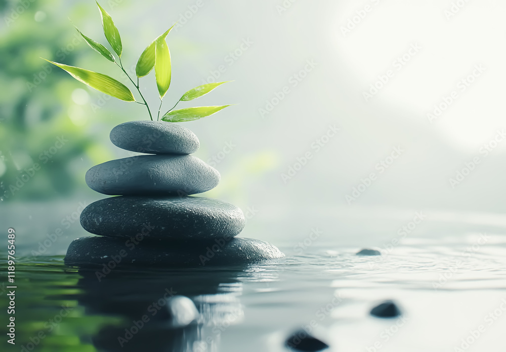 Obraz premium Beautiful green nature background for spa accented by solar lighting, with balanced stones and bamboo