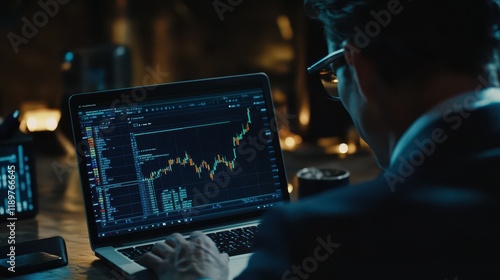 A businessman using a laptop, analyzing the global business market with rising candlestick charts, indicating growth and market trends. photo