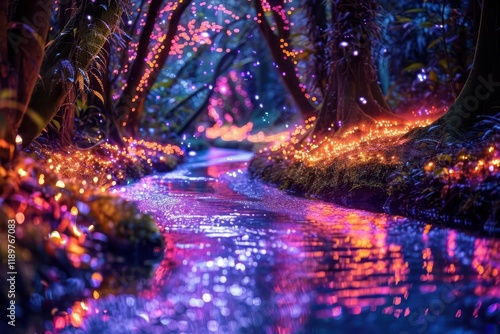 A serene river illuminated by colorful lights in a lush forest, creating a magical atmosphere.
