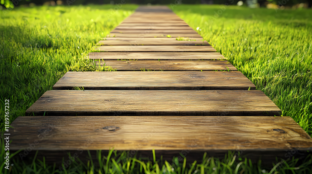 Natural garden pathway with a wooden boardwalk Natural garden pathway with a wooden boardwalk