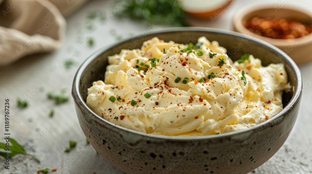 Creamy mashed potatoes topped with herbs and spices in rustic bowl, perfect for comforting meal. dish is garnished with fresh chives and red pepper flakes, enhancing its flavor Creamy mashed potatoes topped with herbs and spices in rustic bowl, perfect for comforting meal. dish is garnished with fresh chives and red pepper flakes, enhancing its flavor
