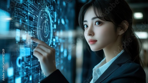 A businesswoman interacts with a biometric scanning device, while digital holograms and statistical data are displayed around her. photo