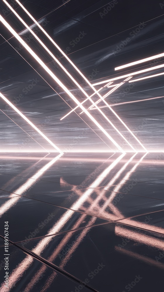 Obraz premium A mesmerizing abstract composition featuring dynamic white light beams reflecting on a polished surface, creating a futuristic atmosphere.