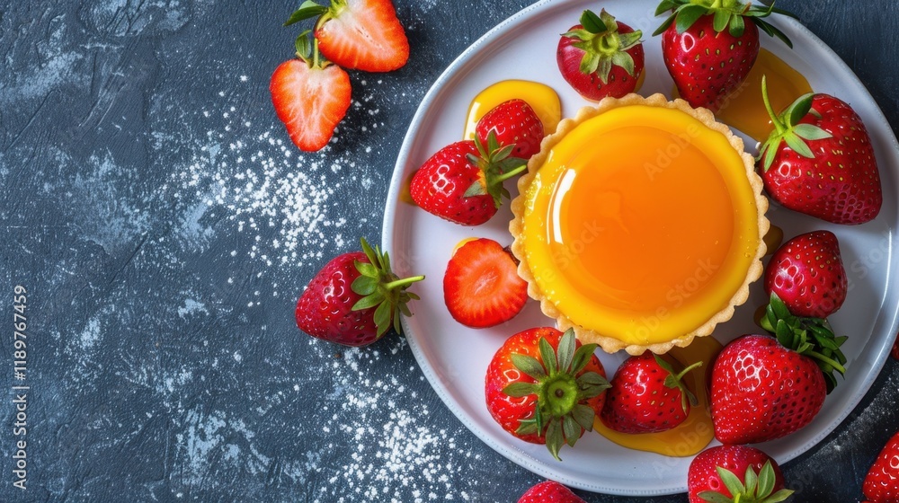 Delicious dessert featuring creamy tart topped with vibrant orange glaze, surrounded by fresh strawberries. Perfect for sweet cravings and special occasions Delicious dessert featuring creamy tart topped with vibrant orange glaze, surrounded by fresh strawberries. Perfect for sweet cravings and special occasions