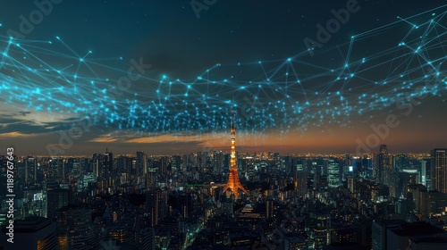 A captivating night city panorama, enhanced with a glowing network hologram that overlays the cityscape, symbolizing digital connectivity and technological advancement. photo