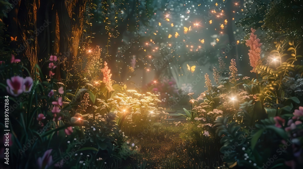 Fototapeta premium A magical forest scene filled with vibrant flowers, glowing lights, and fluttering butterflies.