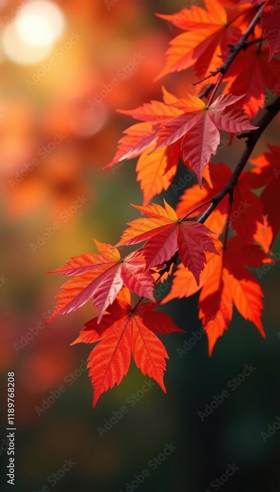 Softly glowing orange-red leaves dangle from slender tree limbs, red, color, seasons Softly glowing orange-red leaves dangle from slender tree limbs, red, color, seasons