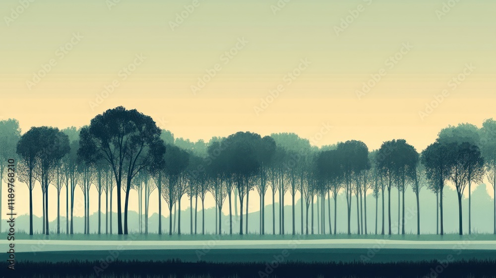 Obraz premium Serene dawn forest silhouette, misty hills, tranquil landscape, nature banner