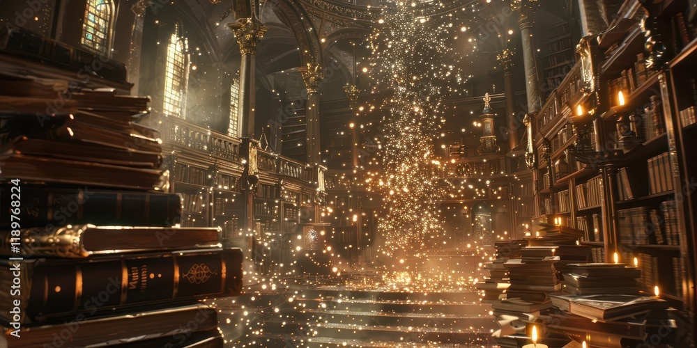 Obraz premium A magical library filled with books, sparkling light, and a serene atmosphere.