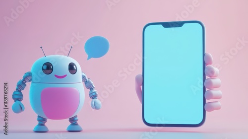 A cartoon hand holds a phone next to a smiling robot with a speech bubble, creating a playful and engaging scene. photo