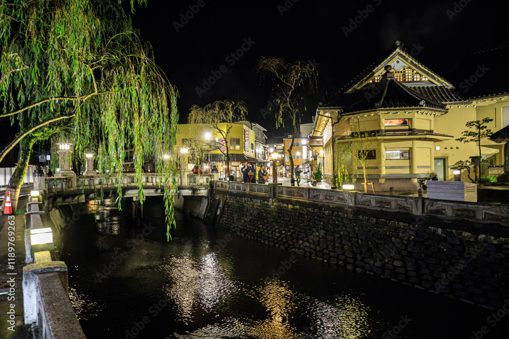 Nighttime Canal View with Bridge in Kinosaki Onsen, Hyogo, Japan Nighttime Canal View with Bridge in Kinosaki Onsen, Hyogo, Japan