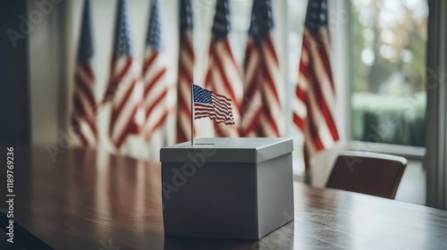 A close-up of a ballot box with a row of American flags in the background, representing the concept of voting and the importance of civic engagement in elections. photo