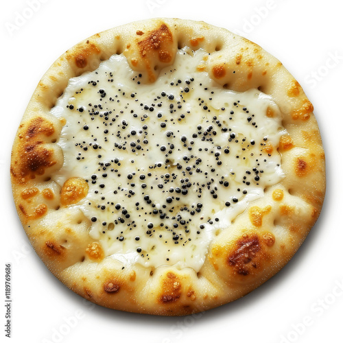 Delicious pizza topped with Cream Fraiche and brandade, presented on a clean white background photo