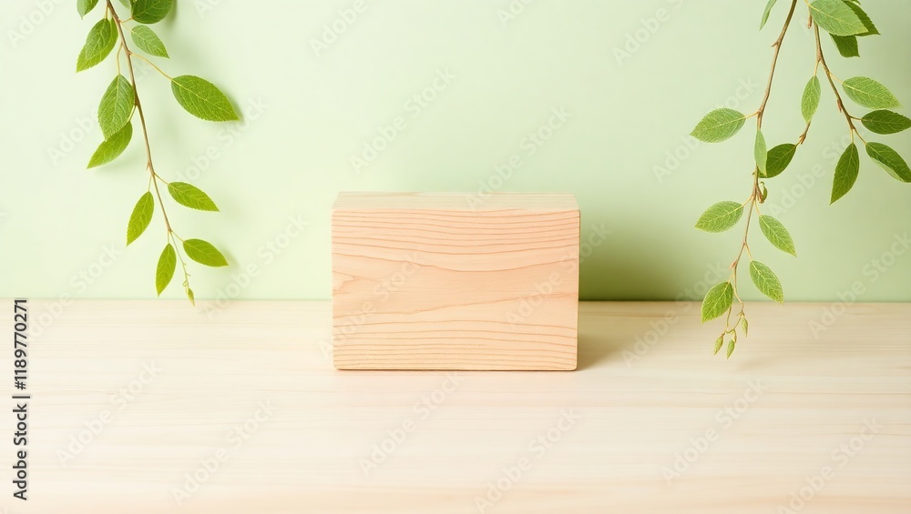 Wooden Cube Display With Green Leaves Background Wooden Cube Display With Green Leaves Background