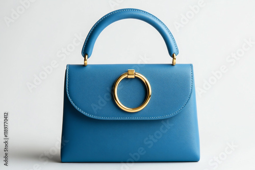 Cute blue handbag with golden handle on a white background in flat lay product photography.