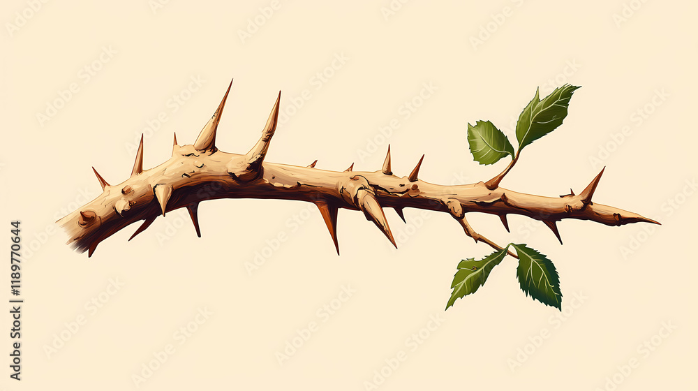 Thorny plant with brown and dry thorns and one remaining green leaf clinging to the stem , brown, desiccated, wilting. thorned. illustration. Thornshade. Illustration