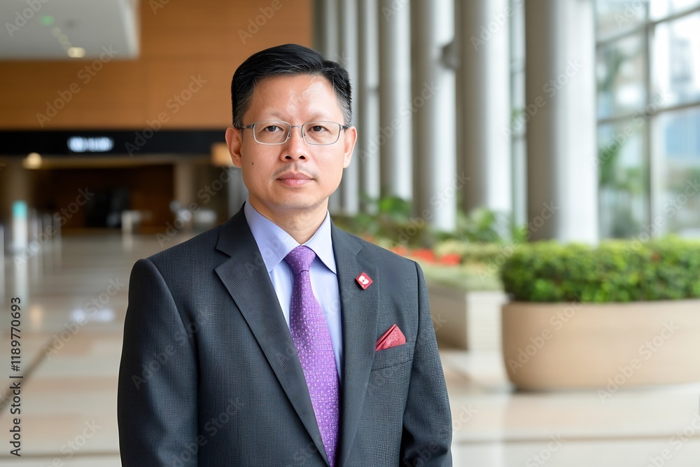 Asian businessman portrait, lobby, modern building, corporate Asian businessman portrait, lobby, modern building, corporate