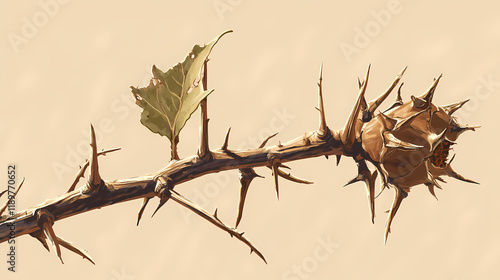 Thorny plant with brown and dry thorns and one remaining green leaf clinging to the stem , brown, desiccated, wilting. thorned. illustration. Thornshade. Illustration