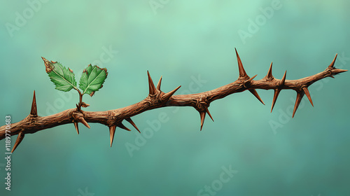 Thorny plant with brown and dry thorns and one remaining green leaf clinging to the stem , brown, desiccated, wilting. thorned. illustration. Thornshade. Illustration photo