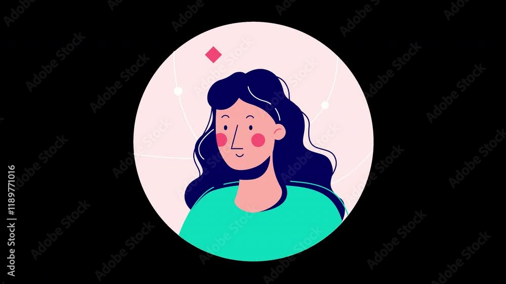 A cartoon illustration of a young woman with dark, wavy hair and a friendly expression, set against a simple circular background. A cartoon illustration of a young woman with dark, wavy hair and a friendly expression, set against a simple circular background.