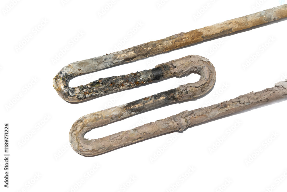 Corroded Water Heater Element with Lime Scale Deposits isolated on white