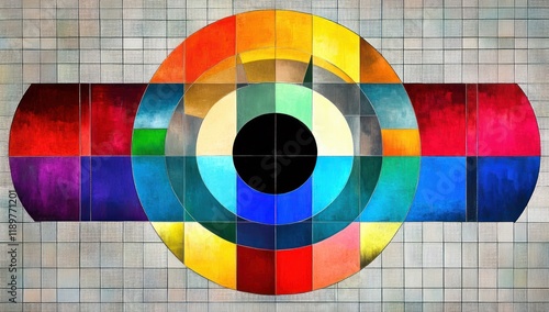 Vibrant Abstract Pop Art Composition with Circular Color Test Pattern and Geometric Shapes photo