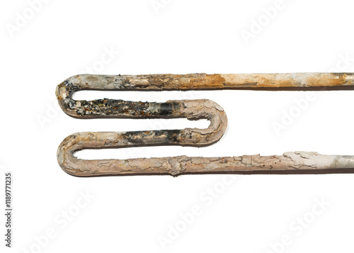 Obraz na płótnie Corroded Water Heater Element with Lime Scale Deposits isolated on white w salonie