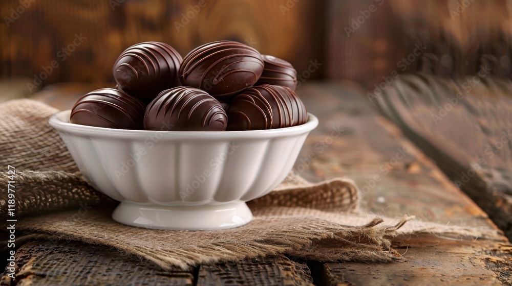 Delicious chocolate truffles in white bowl on rustic wooden table, evoking sense of indulgence and warmth. Perfect for dessert lovers and special occasions Delicious chocolate truffles in white bowl on rustic wooden table, evoking sense of indulgence and warmth. Perfect for dessert lovers and special occasions