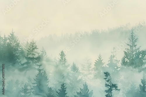 A misty forest landscape with layers of trees and a soft, ethereal atmosphere.