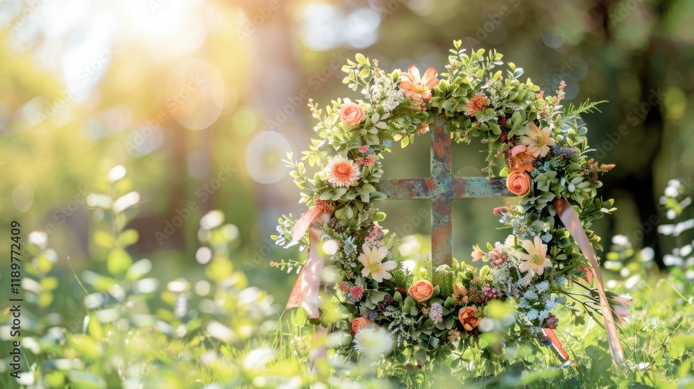 beautiful floral wreath with cross, surrounded by greenery and sunlight, symbolizing peace and remembrance. Perfect for memorials or celebrations of life beautiful floral wreath with cross, surrounded by greenery and sunlight, symbolizing peace and remembrance. Perfect for memorials or celebrations of life