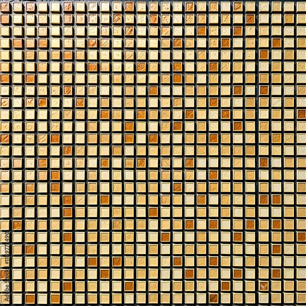 Fototapeta premium mosaic style and type. The layout consists of a grid of small, square tiles arranged in a repetitive and uniform manner. The subject is an abstract design composed of various shades of beige, brown