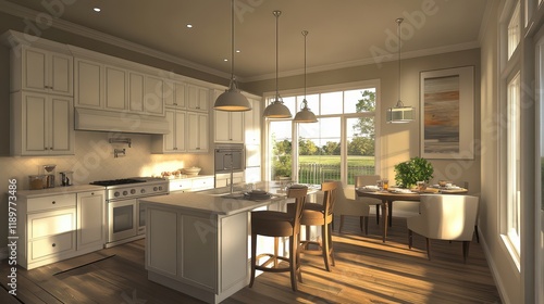 A cozy kitchen interior featuring a bar island and ample cooking space. photo