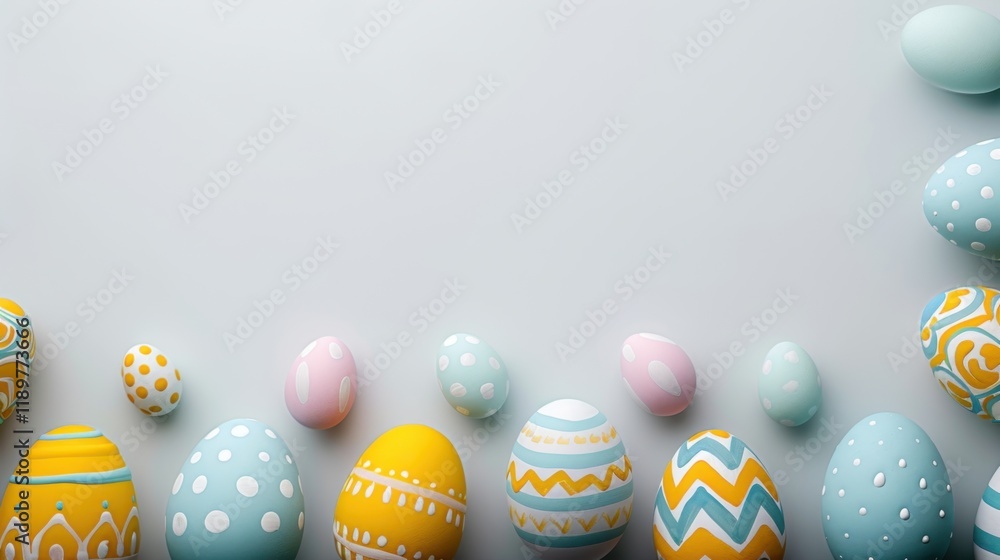 Fototapeta premium Colorful Easter eggs arranged on light background, showcasing various patterns and colors, creating festive and cheerful atmosphere