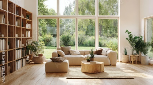 A cozy living room featuring a stone fireplace, comfortable furniture, and warm lighting. photo