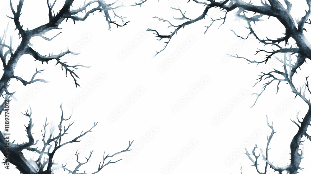 Obraz premium Halloween frame of black thorn branches. watercolor hand painted isolated illustration on white background. Thornshade. Illustration