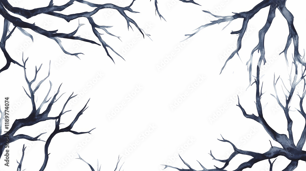 Fototapeta premium Halloween frame of black thorn branches. watercolor hand painted isolated illustration on white background. Thornshade. Illustration