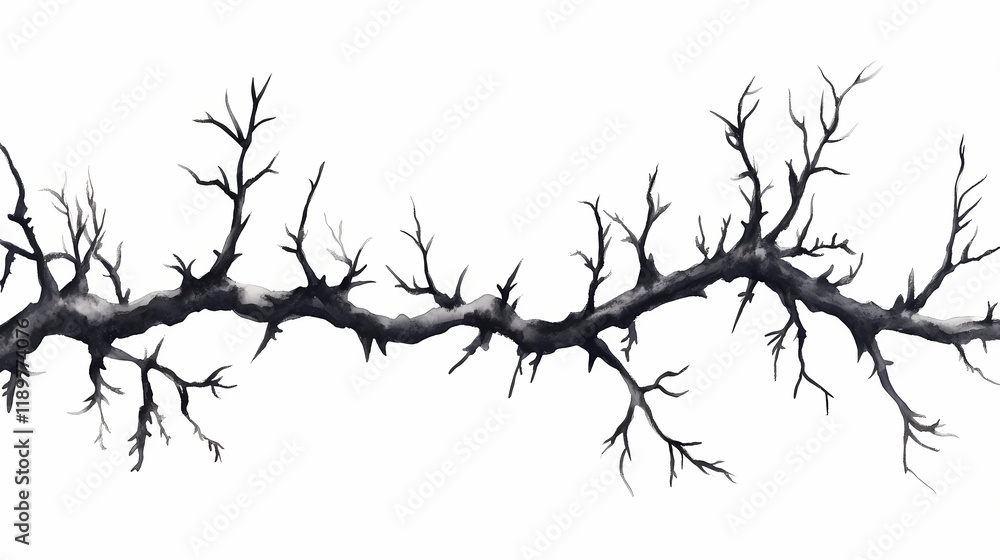 Obraz premium Halloween horizontal seamless border of black thorn branches. watercolor hand painted isolated illustration on white background. Thornshade. Illustration