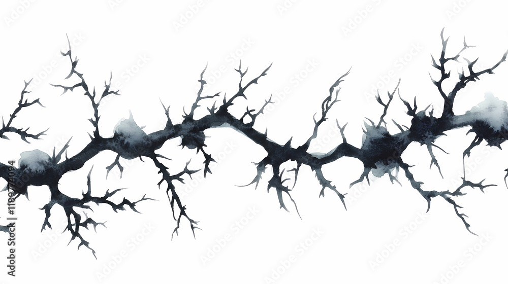 Halloween horizontal seamless border of black thorn branches. watercolor hand painted isolated illustration on white background. Thornshade. Illustration Halloween horizontal seamless border of black thorn branches. watercolor hand painted isolated illustration on white background. Thornshade. Illustration