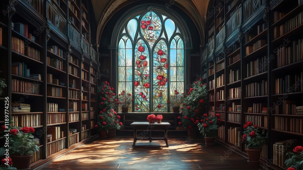 Obraz premium Grand gothic library interior filled with ornate dark wooden bookshelves. Stunning stained glass window displays vibrant red roses. Many potted red roses add to romantic, serene atmosphere. Sunlight