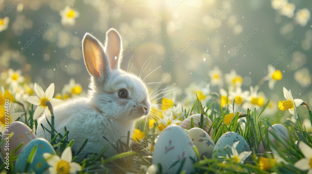 Fototapeta premium cute rabbit sits among colorful eggs and blooming flowers in sunny meadow, creating joyful and serene atmosphere perfect for spring celebrations