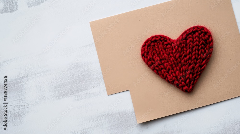Red Knitted Heart on Neutral Background for Valentine or Love Theme Red Knitted Heart on Neutral Background for Valentine or Love Theme